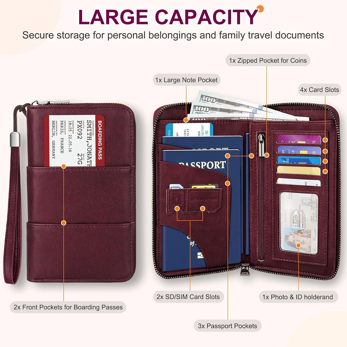 RFID Family Passport Holder Wallet - Travel Document Organizer | PU Leather, with Wristlet, Zipper, Cards, Boarding Pass, ID, Cash, Ticket Pockets,Travel Essentials Gifts for Women Men