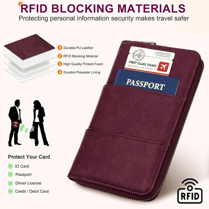 RFID Family Passport Holder Wallet - Travel Document Organizer | PU Leather, with Wristlet, Zipper, Cards, Boarding Pass, ID, Cash, Ticket Pockets,Travel Essentials Gifts for Women Men