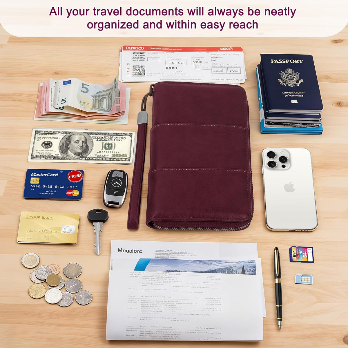 RFID Family Passport Holder Wallet - Travel Document Organizer | PU Leather, with Wristlet, Zipper, Cards, Boarding Pass, ID, Cash, Ticket Pockets,Travel Essentials Gifts for Women Men