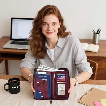 RFID Family Passport Holder Wallet - Travel Document Organizer | PU Leather, with Wristlet, Zipper, Cards, Boarding Pass, ID, Cash, Ticket Pockets,Travel Essentials Gifts for Women Men