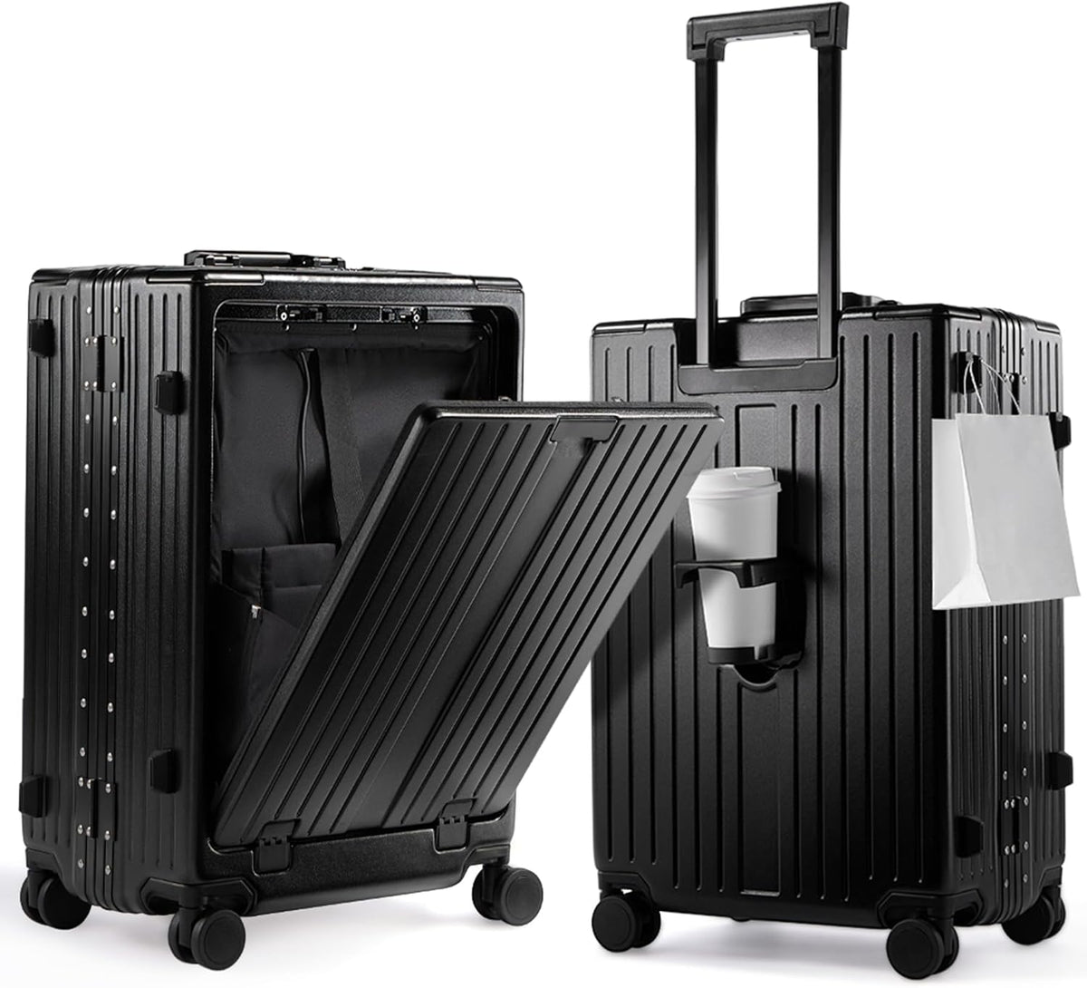 20 Inch Carry On Luggage TSA Approved, Aluminum Frame Zipperless Luggage Carry On with Compartment for Short Trips, ABS+PC Hard Shell Suitcases with Spinner Wheels, Black