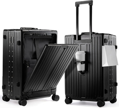 20 Inch Carry On Luggage TSA Approved, Aluminum Frame Zipperless Luggage Carry On with Compartment for Short Trips, ABS+PC Hard Shell Suitcases with Spinner Wheels, Black