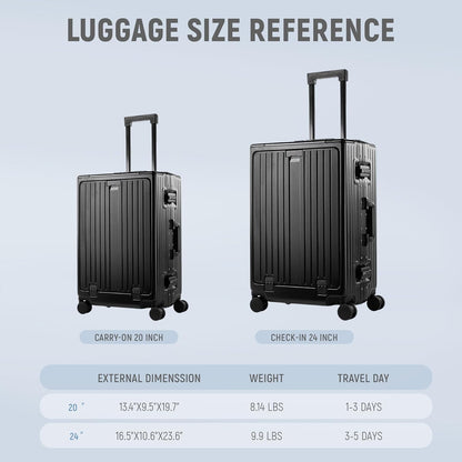 20 Inch Carry On Luggage TSA Approved, Aluminum Frame Zipperless Luggage Carry On with Compartment for Short Trips, ABS+PC Hard Shell Suitcases with Spinner Wheels, Black