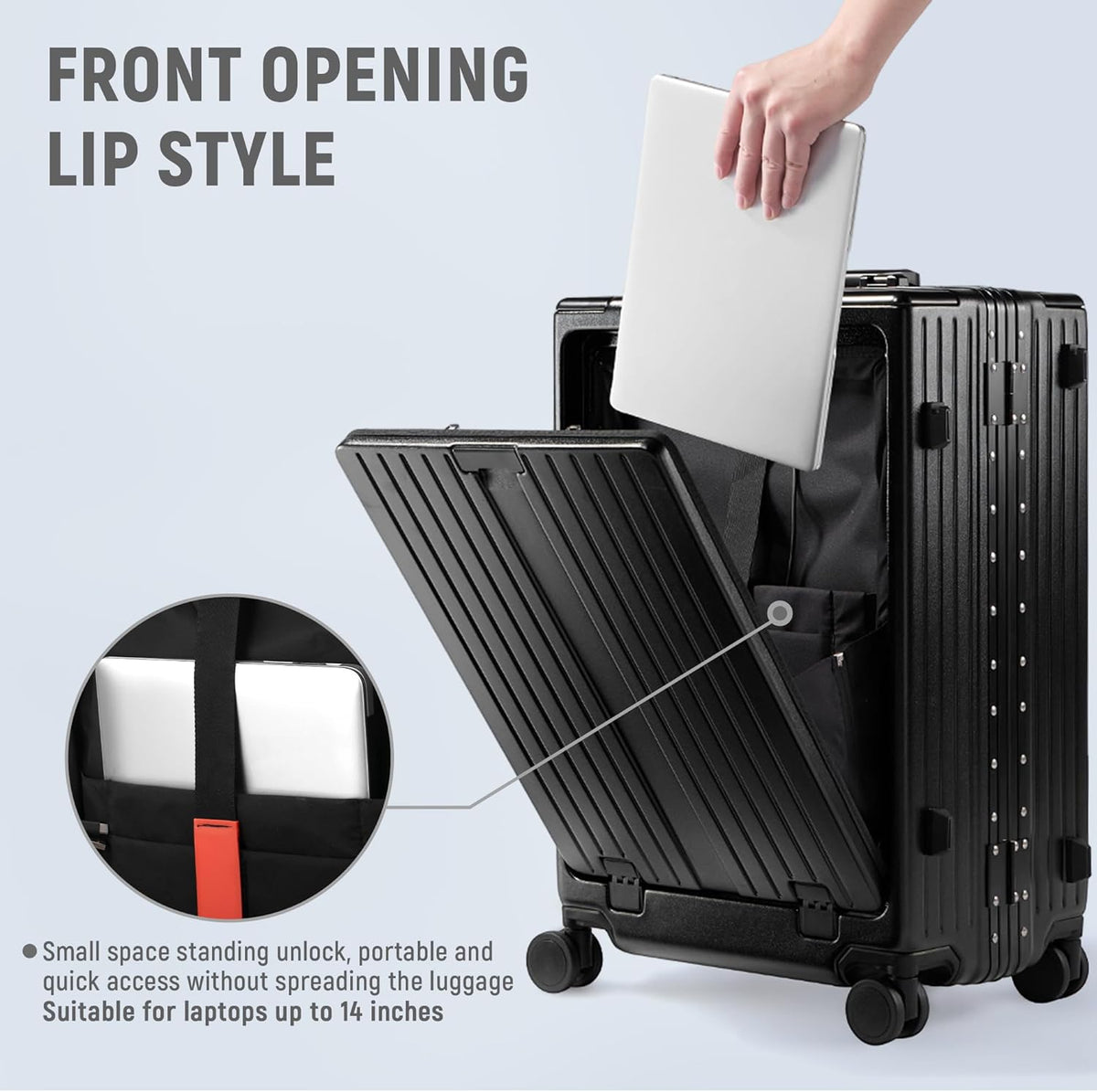 20 Inch Carry On Luggage TSA Approved, Aluminum Frame Zipperless Luggage Carry On with Compartment for Short Trips, ABS+PC Hard Shell Suitcases with Spinner Wheels, Black