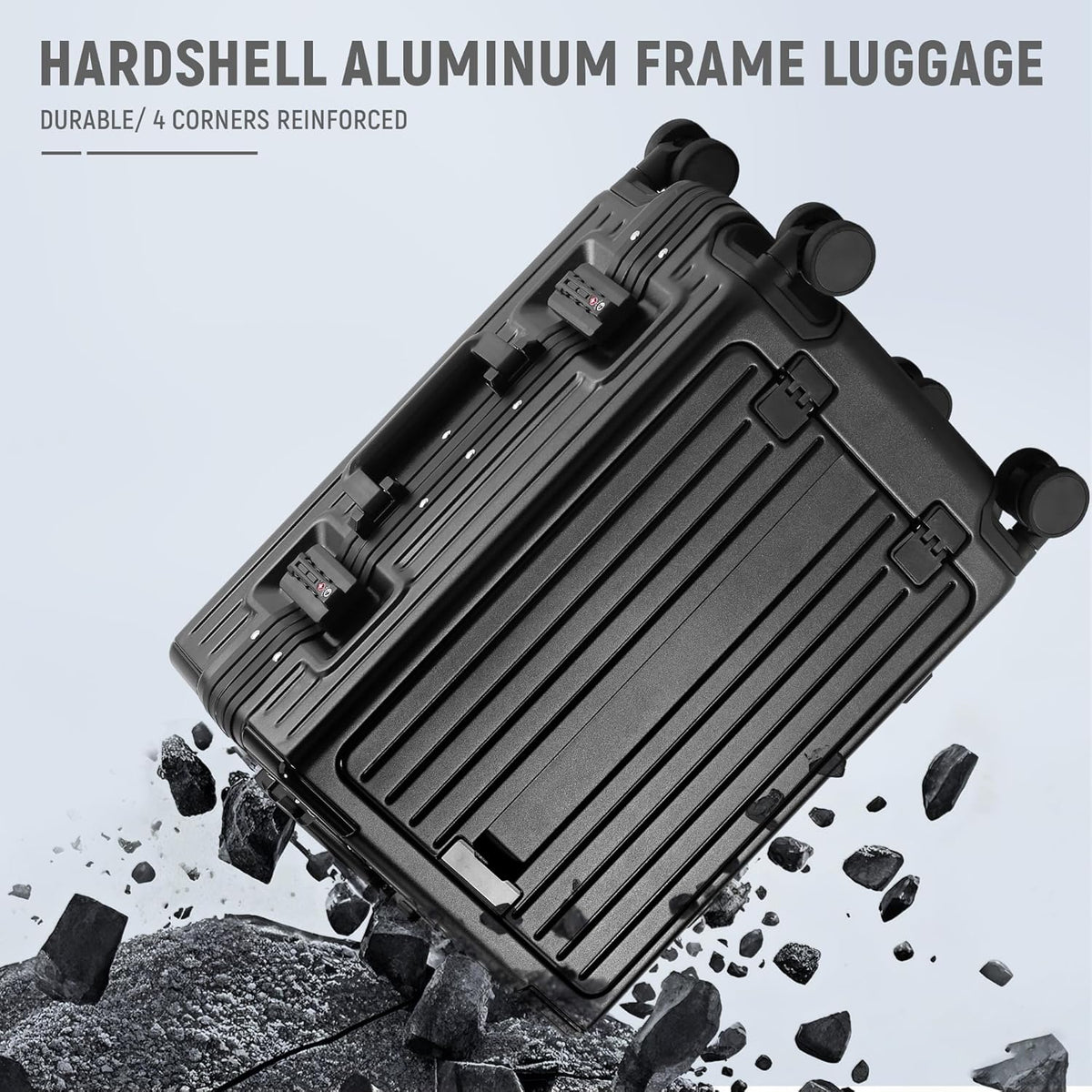 20 Inch Carry On Luggage TSA Approved, Aluminum Frame Zipperless Luggage Carry On with Compartment for Short Trips, ABS+PC Hard Shell Suitcases with Spinner Wheels, Black