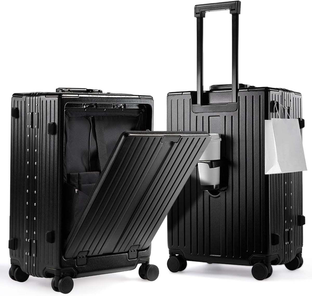 20 Inch Carry On Luggage TSA Approved, Aluminum Frame Zipperless Luggage Carry On with Compartment for Short Trips, ABS+PC Hard Shell Suitcases with Spinner Wheels, Black