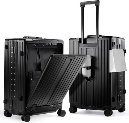 20 Inch Carry On Luggage TSA Approved, Aluminum Frame Zipperless Luggage Carry On with Compartment for Short Trips, ABS+PC Hard Shell Suitcases with Spinner Wheels, Black