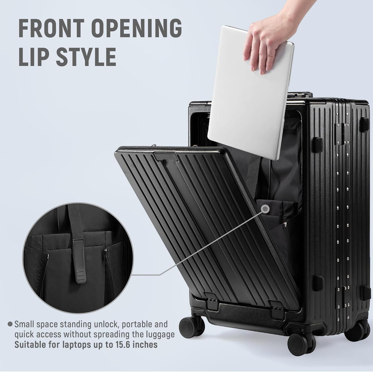 20 Inch Carry On Luggage TSA Approved, Aluminum Frame Zipperless Luggage Carry On with Compartment for Short Trips, ABS+PC Hard Shell Suitcases with Spinner Wheels, Black
