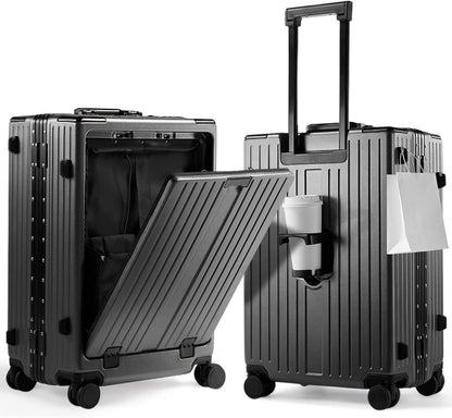 20 Inch Carry On Luggage TSA Approved, Aluminum Frame Zipperless Luggage Carry On with Compartment for Short Trips, ABS+PC Hard Shell Suitcases with Spinner Wheels, Black