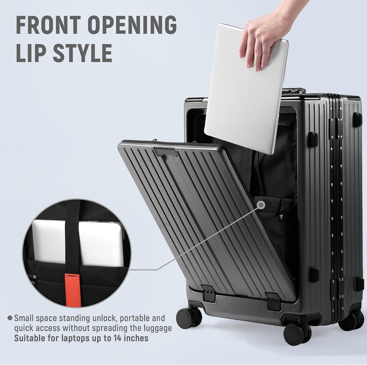 20 Inch Carry On Luggage TSA Approved, Aluminum Frame Zipperless Luggage Carry On with Compartment for Short Trips, ABS+PC Hard Shell Suitcases with Spinner Wheels, Black