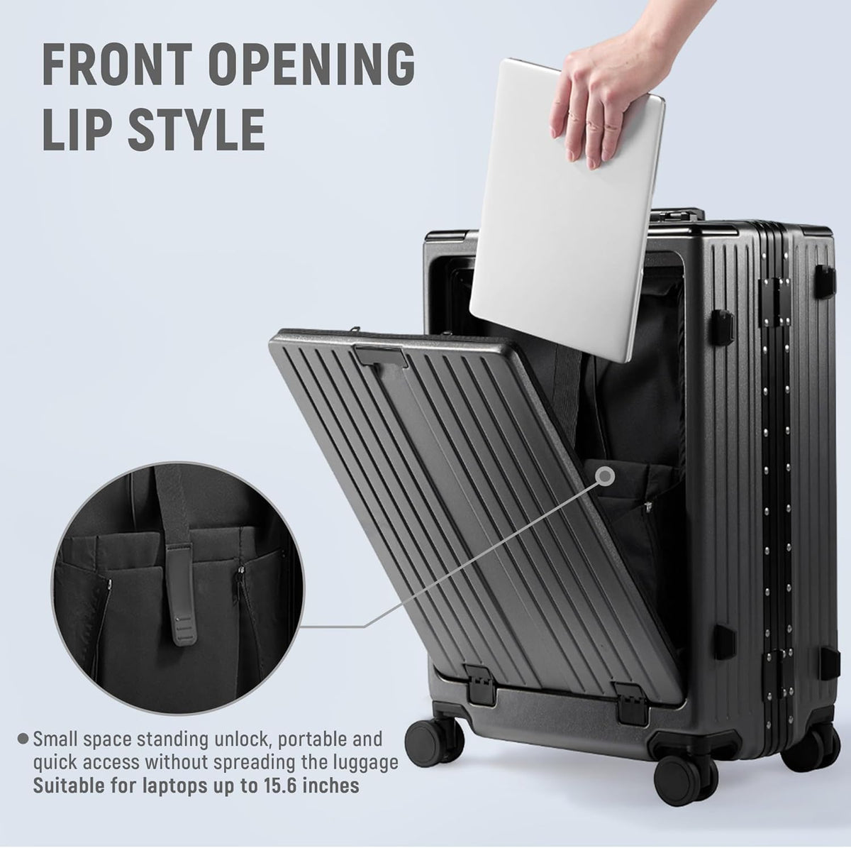 20 Inch Carry On Luggage TSA Approved, Aluminum Frame Zipperless Luggage Carry On with Compartment for Short Trips, ABS+PC Hard Shell Suitcases with Spinner Wheels, Black
