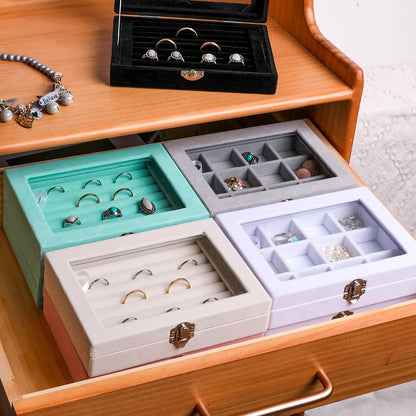 Tiny 12 Grid Earring Organizer Tray, Velvet Jewelry Box with Lid | Jewelry Tray With Lid,Adjuatable Dividers,Velvet Lining,Earring Organizer Box, Display Case,Drawer Insert,Gift For Women