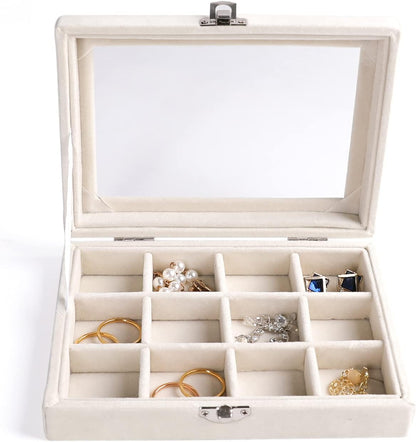 Tiny 12 Grid Earring Organizer Tray, Velvet Jewelry Box with Lid | Jewelry Tray With Lid,Adjuatable Dividers,Velvet Lining,Earring Organizer Box, Display Case,Drawer Insert,Gift For Women