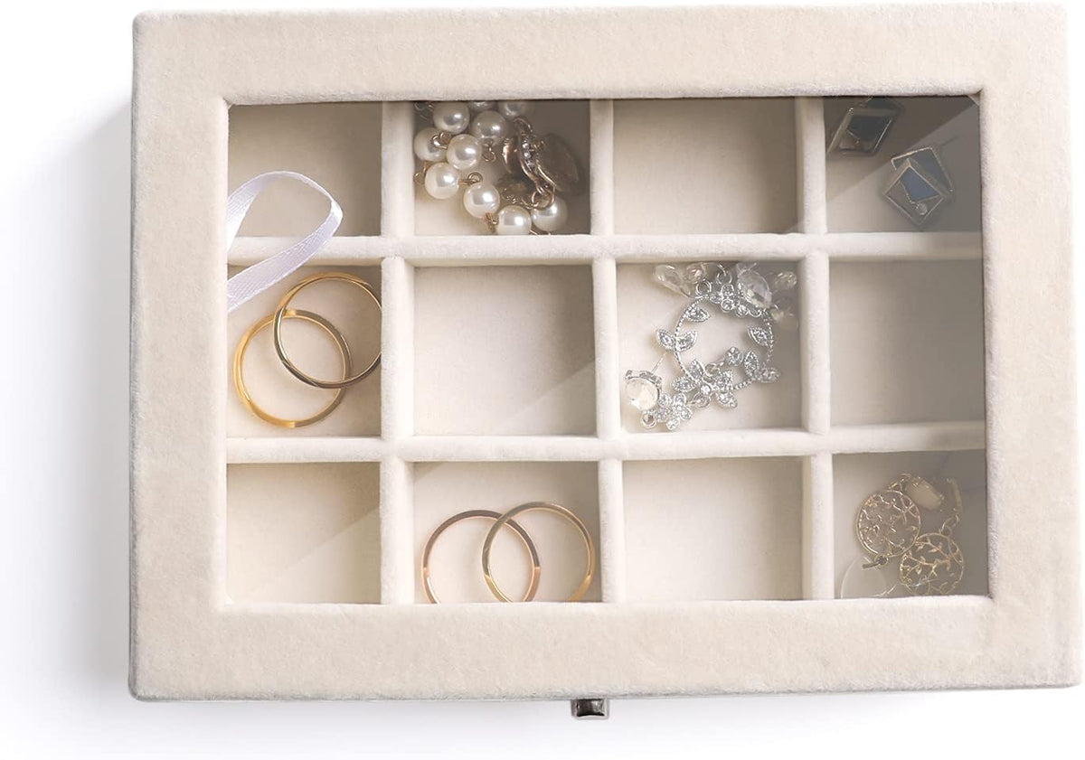 Tiny 12 Grid Earring Organizer Tray, Velvet Jewelry Box with Lid | Jewelry Tray With Lid,Adjuatable Dividers,Velvet Lining,Earring Organizer Box, Display Case,Drawer Insert,Gift For Women