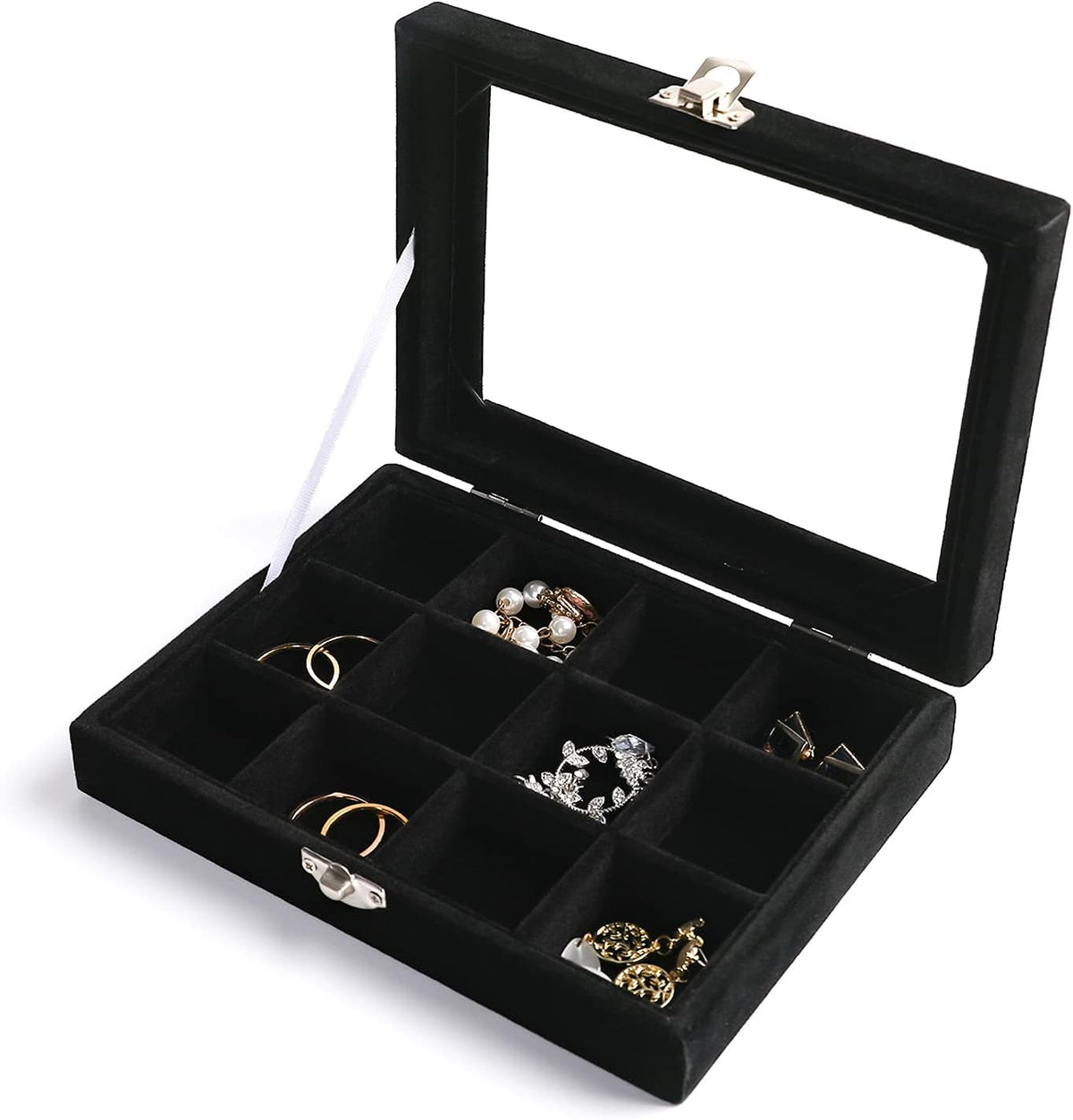 Tiny 12 Grid Earring Organizer Tray, Velvet Jewelry Box with Lid | Jewelry Tray With Lid,Adjuatable Dividers,Velvet Lining,Earring Organizer Box, Display Case,Drawer Insert,Gift For Women