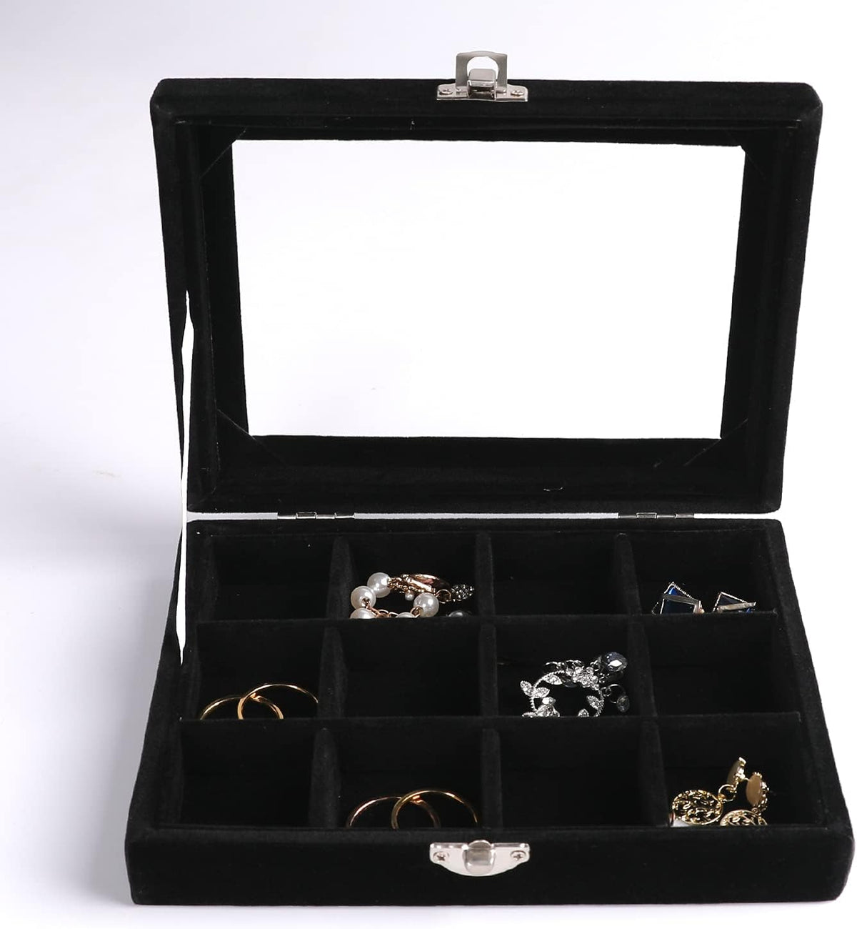 Tiny 12 Grid Earring Organizer Tray, Velvet Jewelry Box with Lid | Jewelry Tray With Lid,Adjuatable Dividers,Velvet Lining,Earring Organizer Box, Display Case,Drawer Insert,Gift For Women