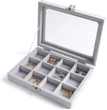 Tiny 12 Grid Earring Organizer Tray, Velvet Jewelry Box with Lid | Jewelry Tray With Lid,Adjuatable Dividers,Velvet Lining,Earring Organizer Box, Display Case,Drawer Insert,Gift For Women
