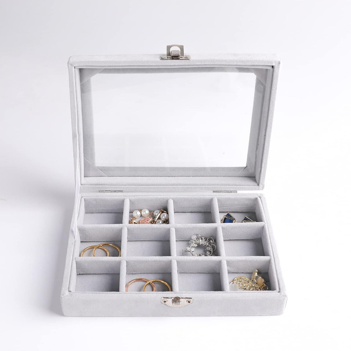 Tiny 12 Grid Earring Organizer Tray, Velvet Jewelry Box with Lid | Jewelry Tray With Lid,Adjuatable Dividers,Velvet Lining,Earring Organizer Box, Display Case,Drawer Insert,Gift For Women