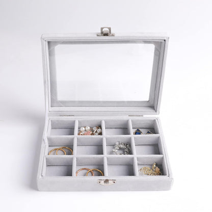 Tiny 12 Grid Earring Organizer Tray, Velvet Jewelry Box with Lid | Jewelry Tray With Lid,Adjuatable Dividers,Velvet Lining,Earring Organizer Box, Display Case,Drawer Insert,Gift For Women