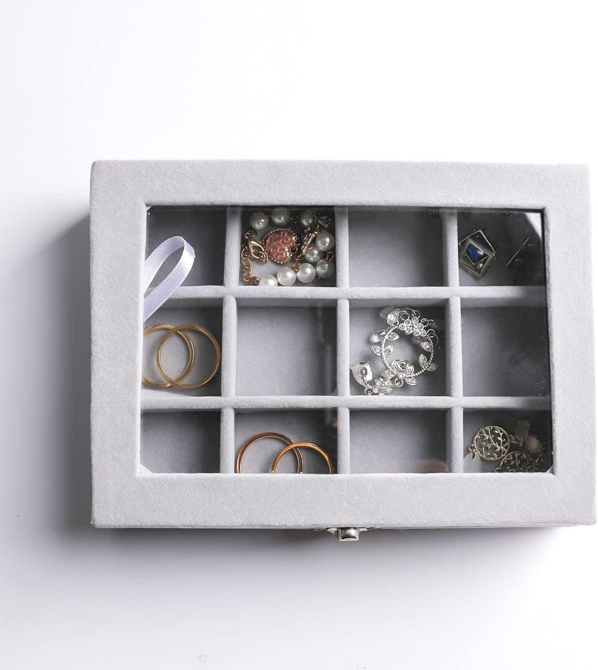 Tiny 12 Grid Earring Organizer Tray, Velvet Jewelry Box with Lid | Jewelry Tray With Lid,Adjuatable Dividers,Velvet Lining,Earring Organizer Box, Display Case,Drawer Insert,Gift For Women