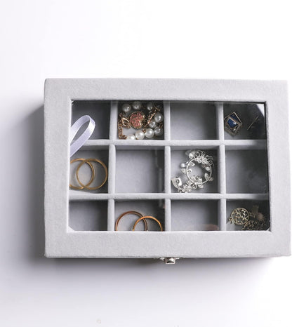 Tiny 12 Grid Earring Organizer Tray, Velvet Jewelry Box with Lid | Jewelry Tray With Lid,Adjuatable Dividers,Velvet Lining,Earring Organizer Box, Display Case,Drawer Insert,Gift For Women