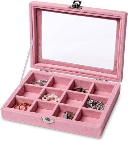 Tiny 12 Grid Earring Organizer Tray, Velvet Jewelry Box with Lid | Jewelry Tray With Lid,Adjuatable Dividers,Velvet Lining,Earring Organizer Box, Display Case,Drawer Insert,Gift For Women