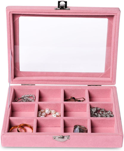 Tiny 12 Grid Earring Organizer Tray, Velvet Jewelry Box with Lid | Jewelry Tray With Lid,Adjuatable Dividers,Velvet Lining,Earring Organizer Box, Display Case,Drawer Insert,Gift For Women
