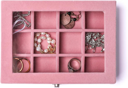 Tiny 12 Grid Earring Organizer Tray, Velvet Jewelry Box with Lid | Jewelry Tray With Lid,Adjuatable Dividers,Velvet Lining,Earring Organizer Box, Display Case,Drawer Insert,Gift For Women
