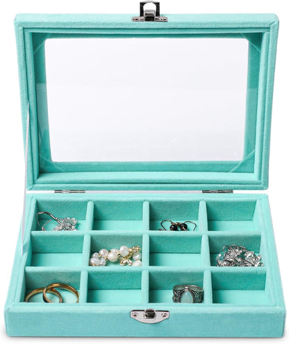 Tiny 12 Grid Earring Organizer Tray, Velvet Jewelry Box with Lid | Jewelry Tray With Lid,Adjuatable Dividers,Velvet Lining,Earring Organizer Box, Display Case,Drawer Insert,Gift For Women