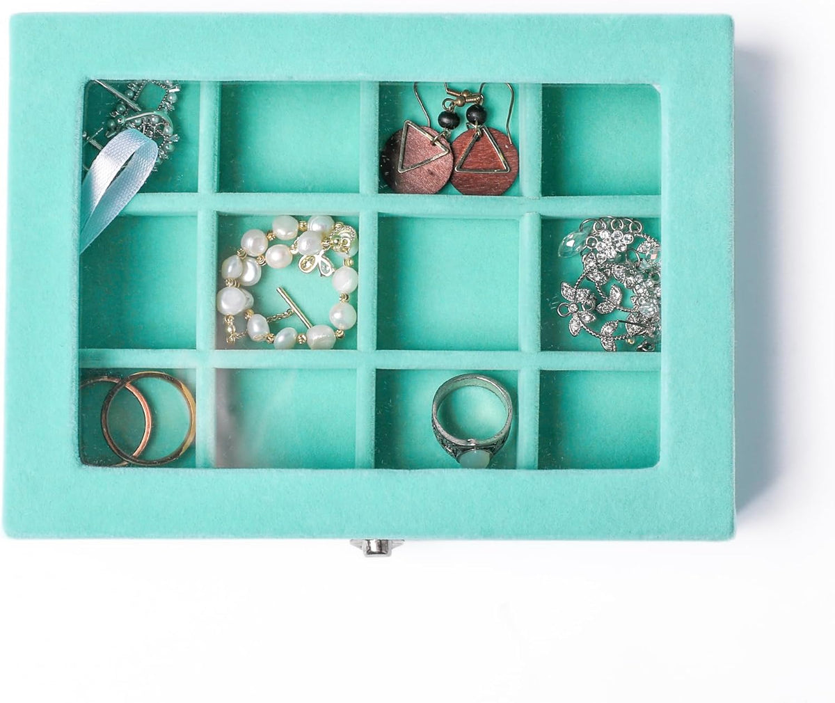 Tiny 12 Grid Earring Organizer Tray, Velvet Jewelry Box with Lid | Jewelry Tray With Lid,Adjuatable Dividers,Velvet Lining,Earring Organizer Box, Display Case,Drawer Insert,Gift For Women