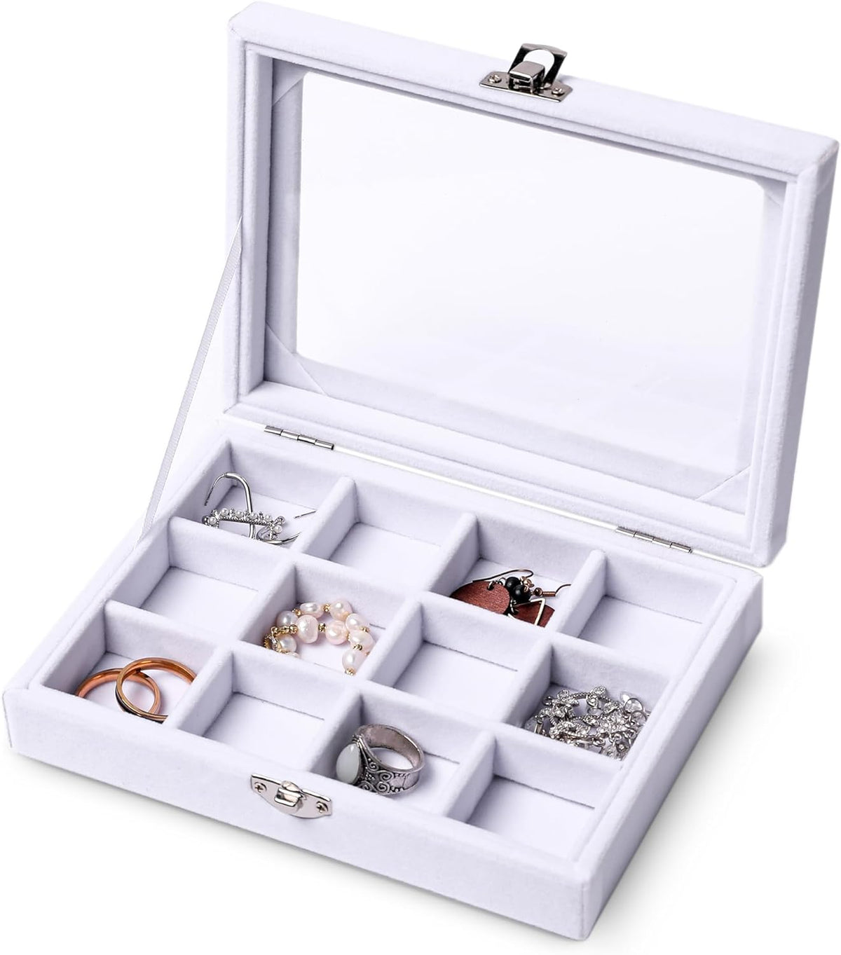 Tiny 12 Grid Earring Organizer Tray, Velvet Jewelry Box with Lid | Jewelry Tray With Lid,Adjuatable Dividers,Velvet Lining,Earring Organizer Box, Display Case,Drawer Insert,Gift For Women