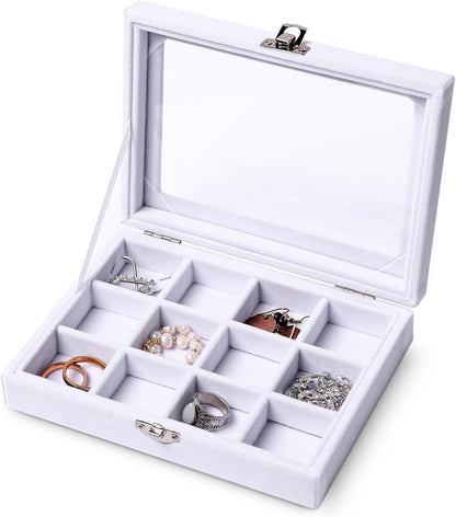 Tiny 12 Grid Earring Organizer Tray, Velvet Jewelry Box with Lid | Jewelry Tray With Lid,Adjuatable Dividers,Velvet Lining,Earring Organizer Box, Display Case,Drawer Insert,Gift For Women