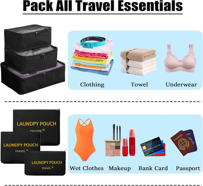 Packing Cubes 6 Set Travel Essentials for Carry on Luggage Organizers Suitcase Travel Accessories (Blcak)