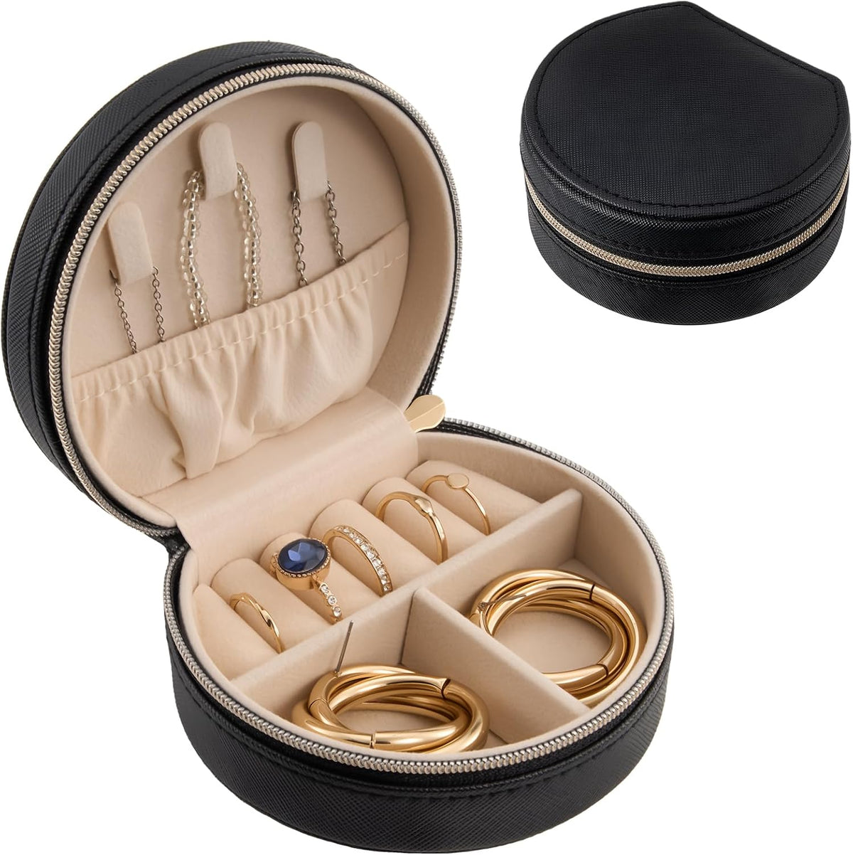 Travel Size Jewelry Box, Medium Portable Seashell-Shaped Jewelry Case, 2 Layer Jewelry Organizer in PU Leather for Women -Black