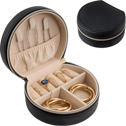 Travel Size Jewelry Box, Medium Portable Seashell-Shaped Jewelry Case, 2 Layer Jewelry Organizer in PU Leather for Women -Black