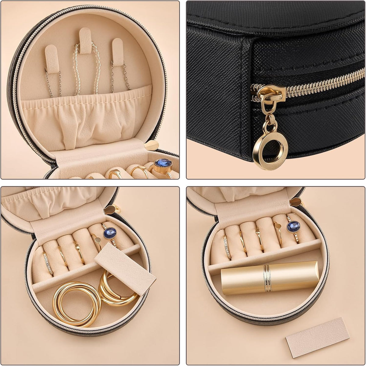 Travel Size Jewelry Box, Medium Portable Seashell-Shaped Jewelry Case, 2 Layer Jewelry Organizer in PU Leather for Women -Black