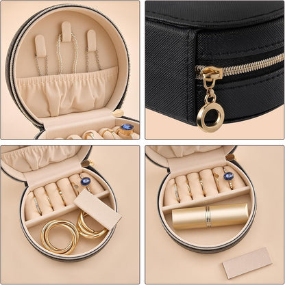 Travel Size Jewelry Box, Medium Portable Seashell-Shaped Jewelry Case, 2 Layer Jewelry Organizer in PU Leather for Women -Black
