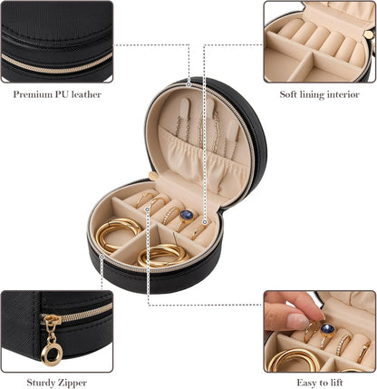 Travel Size Jewelry Box, Medium Portable Seashell-Shaped Jewelry Case, 2 Layer Jewelry Organizer in PU Leather for Women -Black