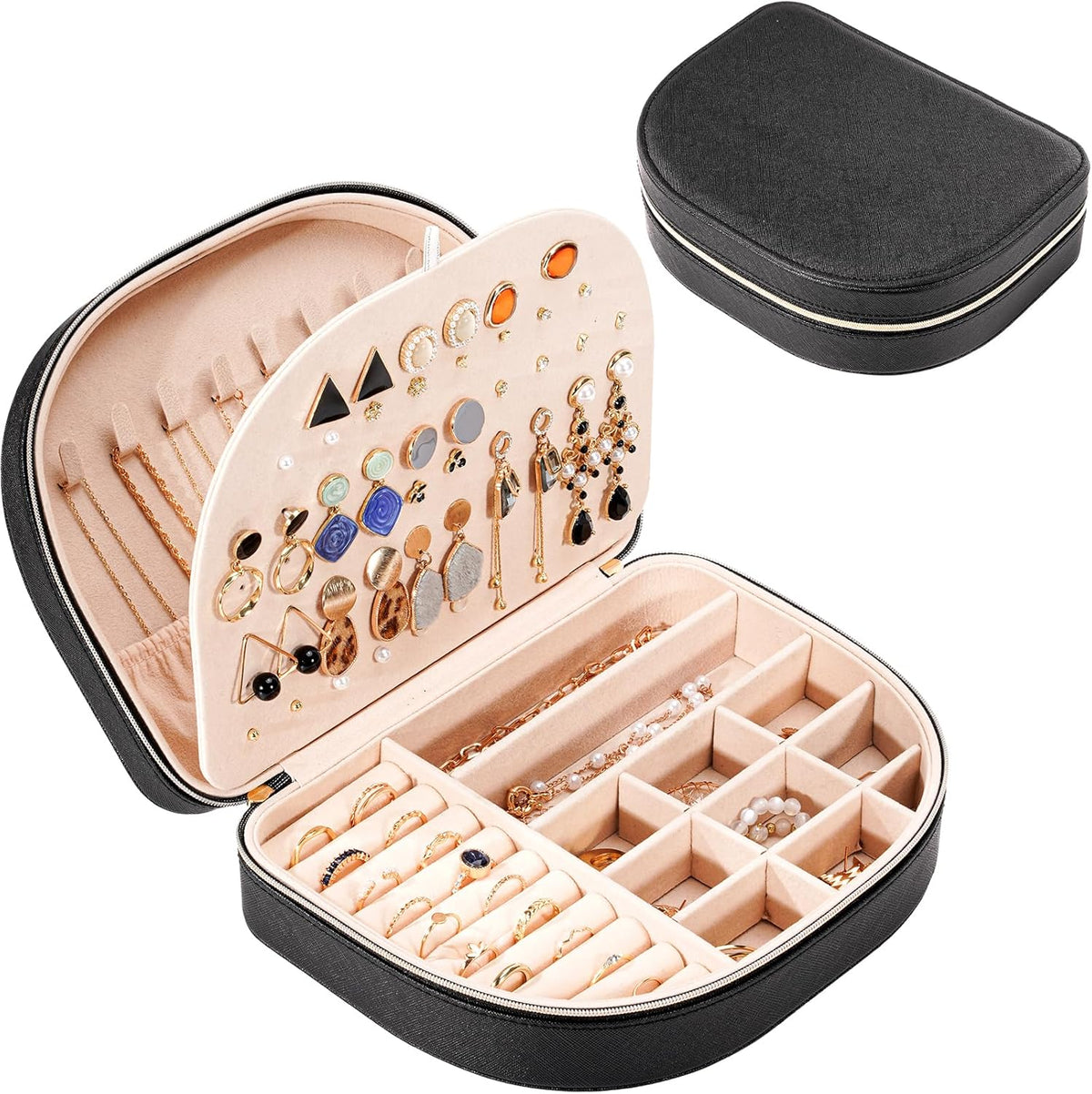 Travel Size Jewelry Box, Medium Portable Seashell-Shaped Jewelry Case, 2 Layer Jewelry Organizer in PU Leather for Women -Black