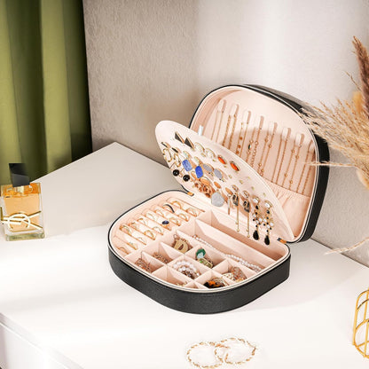 Travel Size Jewelry Box, Medium Portable Seashell-Shaped Jewelry Case, 2 Layer Jewelry Organizer in PU Leather for Women -Black