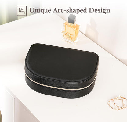 Travel Size Jewelry Box, Medium Portable Seashell-Shaped Jewelry Case, 2 Layer Jewelry Organizer in PU Leather for Women -Black