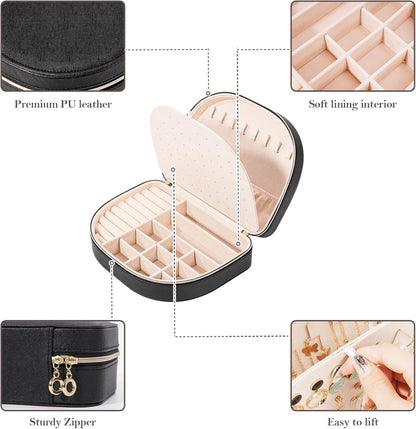 Travel Size Jewelry Box, Medium Portable Seashell-Shaped Jewelry Case, 2 Layer Jewelry Organizer in PU Leather for Women -Black