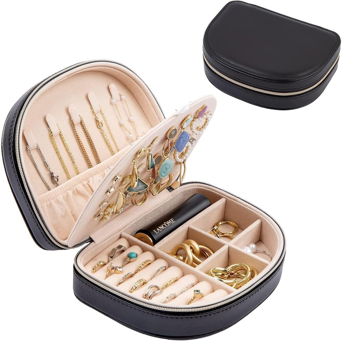 Travel Size Jewelry Box, Medium Portable Seashell-Shaped Jewelry Case, 2 Layer Jewelry Organizer in PU Leather for Women -Black