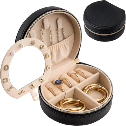 Travel Size Jewelry Box, Medium Portable Seashell-Shaped Jewelry Case, 2 Layer Jewelry Organizer in PU Leather for Women -Black