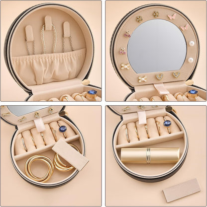 Travel Size Jewelry Box, Medium Portable Seashell-Shaped Jewelry Case, 2 Layer Jewelry Organizer in PU Leather for Women -Black