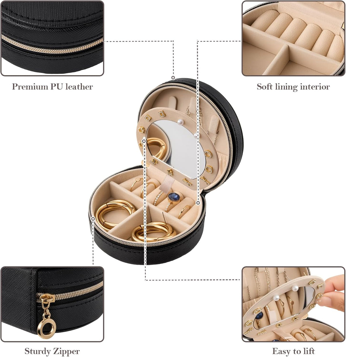 Travel Size Jewelry Box, Medium Portable Seashell-Shaped Jewelry Case, 2 Layer Jewelry Organizer in PU Leather for Women -Black