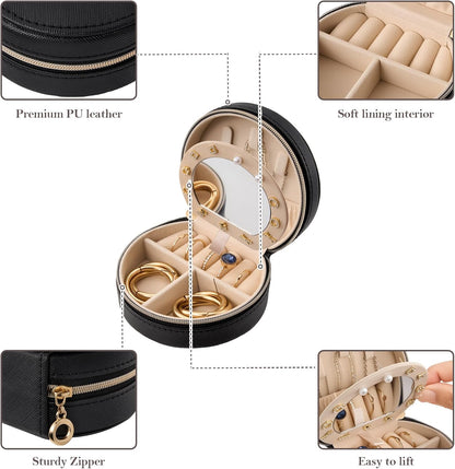 Travel Size Jewelry Box, Medium Portable Seashell-Shaped Jewelry Case, 2 Layer Jewelry Organizer in PU Leather for Women -Black