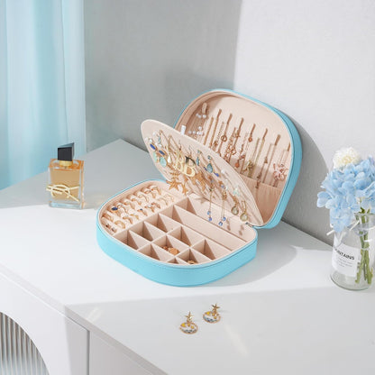 Travel Size Jewelry Box, Medium Portable Seashell-Shaped Jewelry Case, 2 Layer Jewelry Organizer in PU Leather for Women -Black