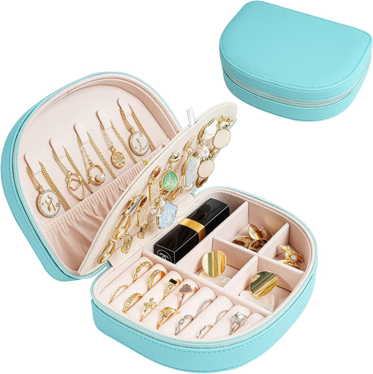 Travel Size Jewelry Box, Medium Portable Seashell-Shaped Jewelry Case, 2 Layer Jewelry Organizer in PU Leather for Women -Black