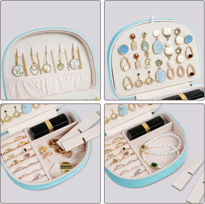 Travel Size Jewelry Box, Medium Portable Seashell-Shaped Jewelry Case, 2 Layer Jewelry Organizer in PU Leather for Women -Black